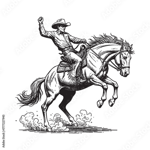 Cowboy Riding Bucking Horse Rodeo Engraving Vector Illustration