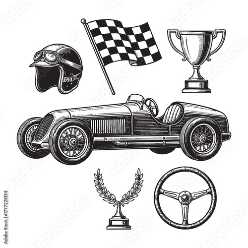 Race Car Elements Set Engraving Vector Illustration