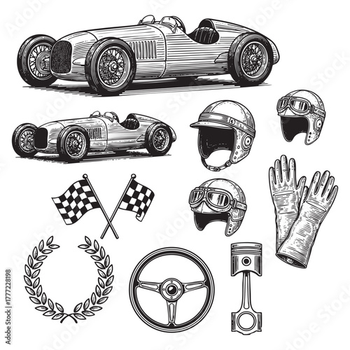 Race Car Elements Set Engraving Vector Illustration