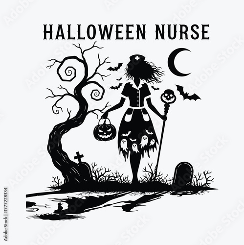 Black silhouette Halloween nurse at night vector