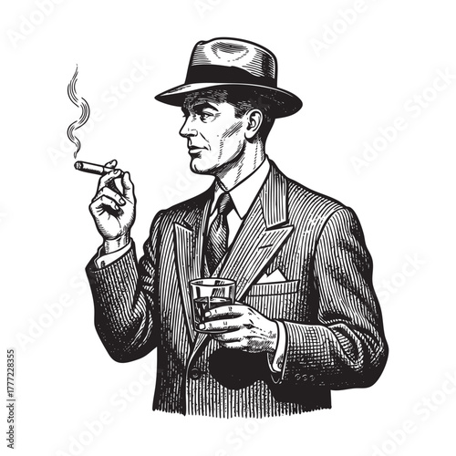 Gentleman with Cigar and Whiskey Drink Engraving Vector Illustration