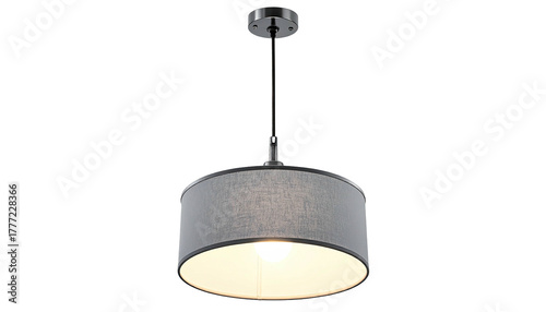 Gray pendant light fixture, rounded lampshade on black background