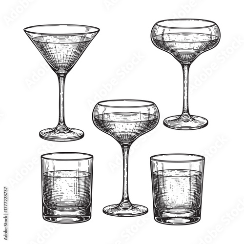 Set of Classic Cocktail Liquor Glasses Engraving Vector Illustration