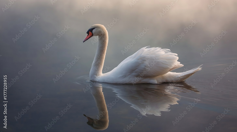 Obraz premium A graceful swan glides through tranquil waters with mirrored reflections on a calm day in nature