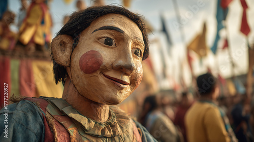 Discover the vibrant colors and joyous spirit of the Higantes Festival, Philippines, through a charming wooden figure's joyful expression