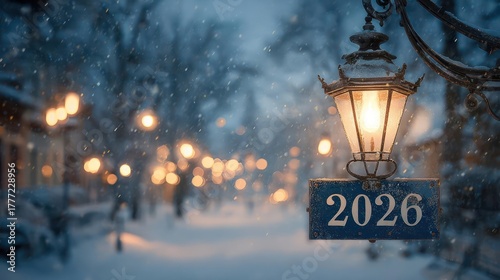 Glowing vintage street lamp illuminates a snowy path lined with festive lights and the year 2026