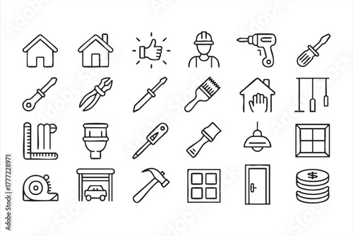 Modern black line icons showing construction, plumbing, and carpenter equipment