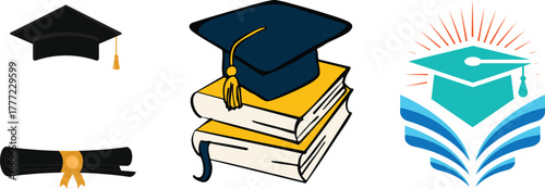 Graduation cap icon set, university or college graduation hat icon, student graduation cap , student hat outline and filled vector sign. Education symbol, logo silhouette vector