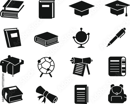 Education icon set vector—books, caps, globe, desk, diploma, and telescope for academic success and school-themed compositions