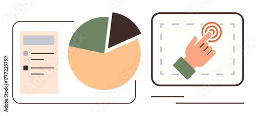 Pie chart with data, touchscreen with hand clicking. Ideal for analytics, interaction, statistics, data visualization, technology, user engagement business strategy. Simple flat metaphor