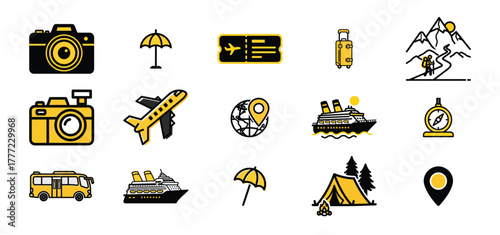 Travel and tourism icons set for web design transparent background