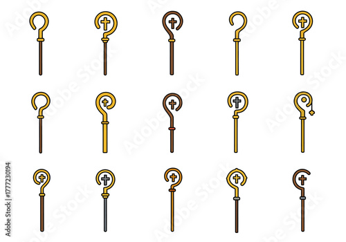 Collection of Ornate Pastoral Staffs Symbolic Crooks in Detailed Illustrations