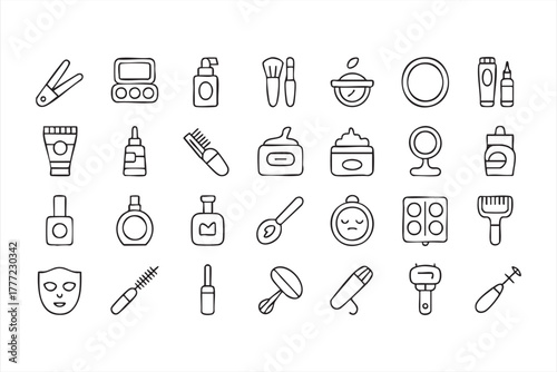Black and white cosmetic and skincare line icons for salon and spa design use