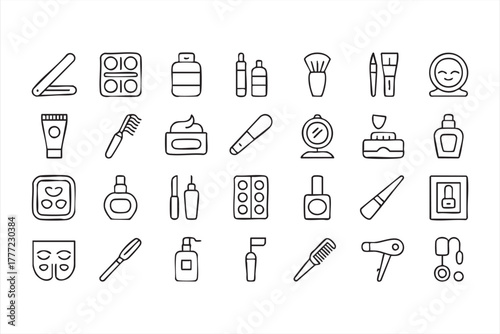 Modern outline collection of makeup and skincare tools in black and white