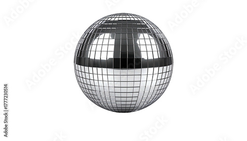 Mirrored disco ball reflects light against a black background
