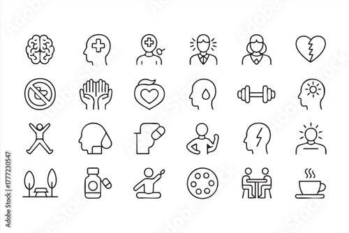 Black and white line icons for mental health, wellness, and mindfulness concepts