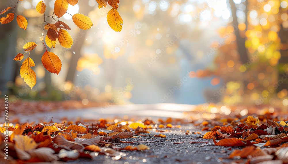 Naklejka premium Golden autumn leaves blanket a serene forest path bathed in warm, ethereal sunlight, evoking peace and natural beauty.