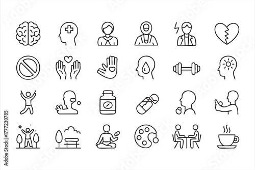 Modern outline vector pack illustrating mind, stress, and self-care balance