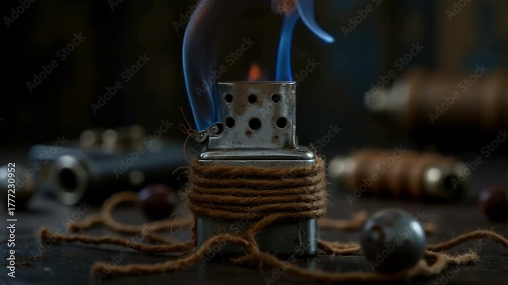 A macro artistic shot of an old metal lighter ignited with a tall flame, surrounded by rough rope texture and cinematic background bokeh.