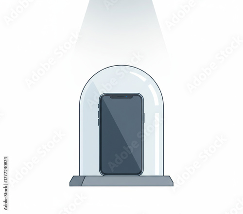 A modern smartphone displayed under a protective glass dome, showcasing its sleek design and advanced technology