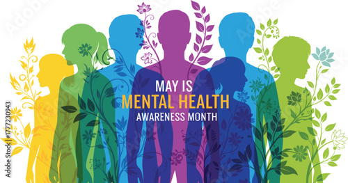 Mental Health Awareness Month icon vector—colorful floral human silhouettes for wellness, inclusivity, and advocacy-themed compositions