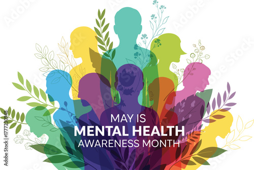 Mental Health Awareness Month icon vector—colorful human silhouettes with botanical elements for wellness, inclusivity, and advocacy compositions