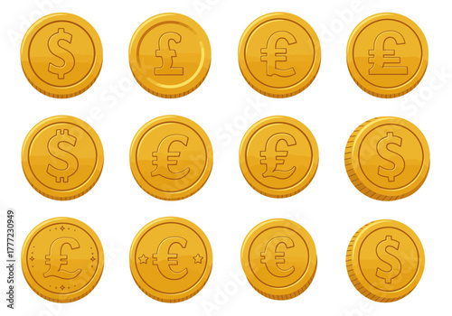 Collection of Shiny Gold Coins Featuring Various Currency Symbols