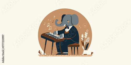 Whimsical illustration of an elegant elephant in a tuxedo, expertly playing a digital keyboard with musical notes gracefully floating around, showcasing a charming performance