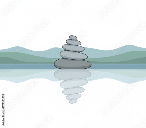 Zen-like illustration of a perfectly balanced stone cairn, calmly reflected in water with gentle hills, symbolizing peace, harmony, and natural equilibrium