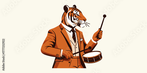 Whimsical illustration of a gentleman tiger in a formal orange suit energetically playing a percussion instrument with drumsticks
