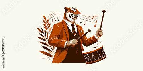 Tiger Drummer Illustration Vintage Music Animal Concept