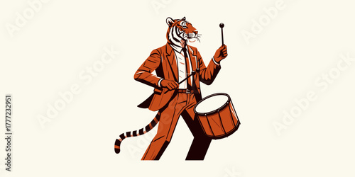 Dynamic illustration of a dapper anthropomorphic tiger character, impeccably dressed in a suit and fedora, energetically playing a bass drum with a stick