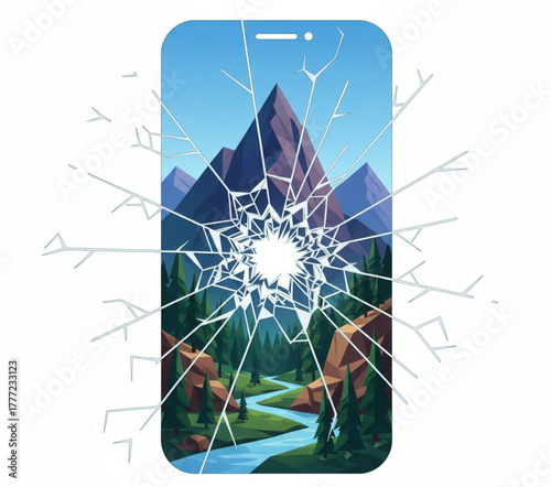 Broken Phone Screen Revealing a Mountainous Landscape Nature and Technology Collision