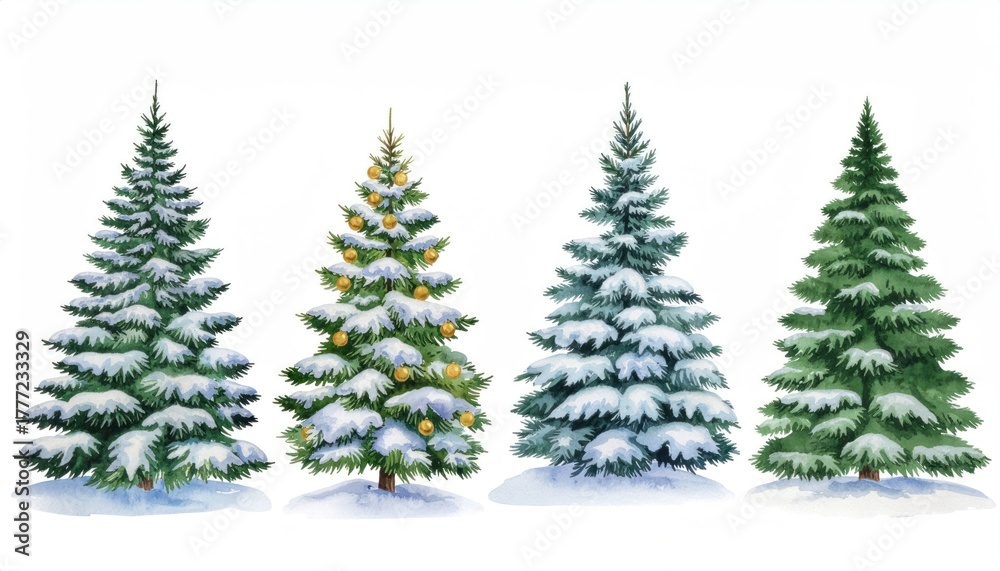 Obraz premium Watercolor Various Christmas Tree Set with Snow and Ornament Decoration Isolated