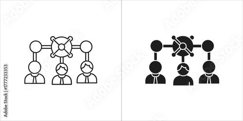 Line icon illustrating a network of people connected by a central hub, symbolizing teamwork and organization, in black and white