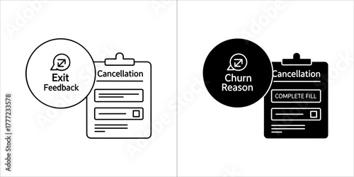Customer exit feedback and cancellation reason icons, one black and white