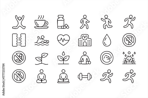 Black and white fitness and wellness line icons for exercise and health design