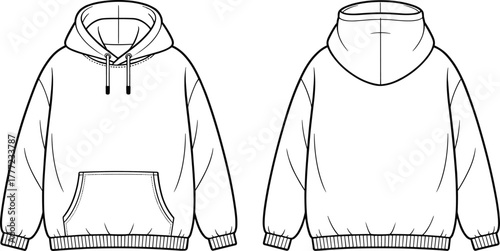 Hooded sweatshirt flat sketch, fashion technical drawing, hoodie front and back view, apparel design template, clothing illustration for stock image