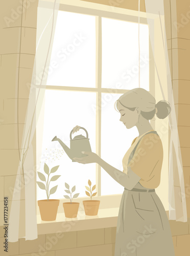 Woman tending to her indoor garden by a bright window