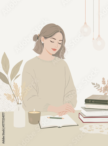 Serene Woman Writing in a Cozy Space with Books and Candle