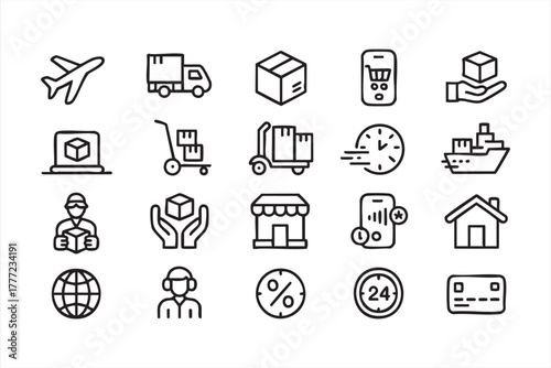 Minimal vector set featuring transport, package, and courier symbols