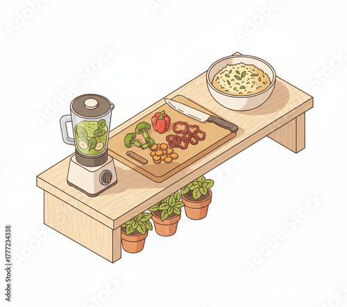 Healthy cooking preparation with fresh ingredients and a blender on a kitchen counter, showcasing a variety of vegetables and food items ready for culinary creation