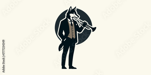 Anthropomorphic fox in formal attire playing a trumpet in a circular frame, creative illustration