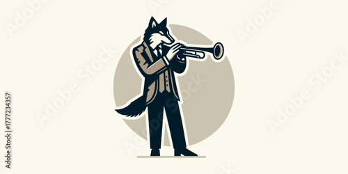 An elegant illustration of an anthropomorphic wolf in a suit playing a jazz trumpet, a sophisticated mascot logo design