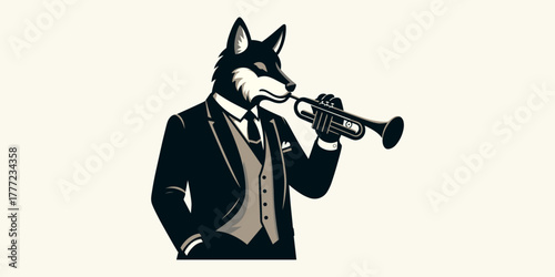 A sophisticated wolf dressed in formal attire plays a trumpet with an air of musical elegance and artistic expression