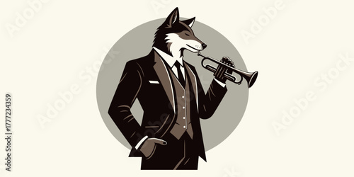 Elegant Fox Musician A Dapper Character in a Tuxedo Playing a Brass Trumpet, Perfect for Jazz-themed Designs and Sophisticated Branding Illustrations