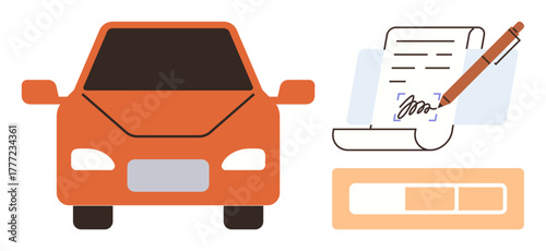 Orange car paired with a signed document and progress bar symbolizing contract signing. Ideal for car sales, leasing, financing, agreements, documentation, procedures, simple flat metaphor