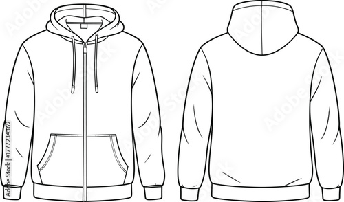 Hoodie flat sketch, technical fashion drawing, front and back view, zipper sweatshirt design, apparel template, clothing illustration, garment manufacturing reference
