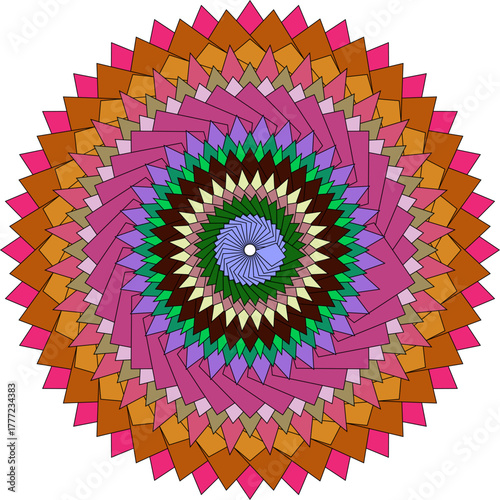 A colorful abstract geometric mandala pattern with spiraling rhombus shapes creating a hypnotic optical illusion effect