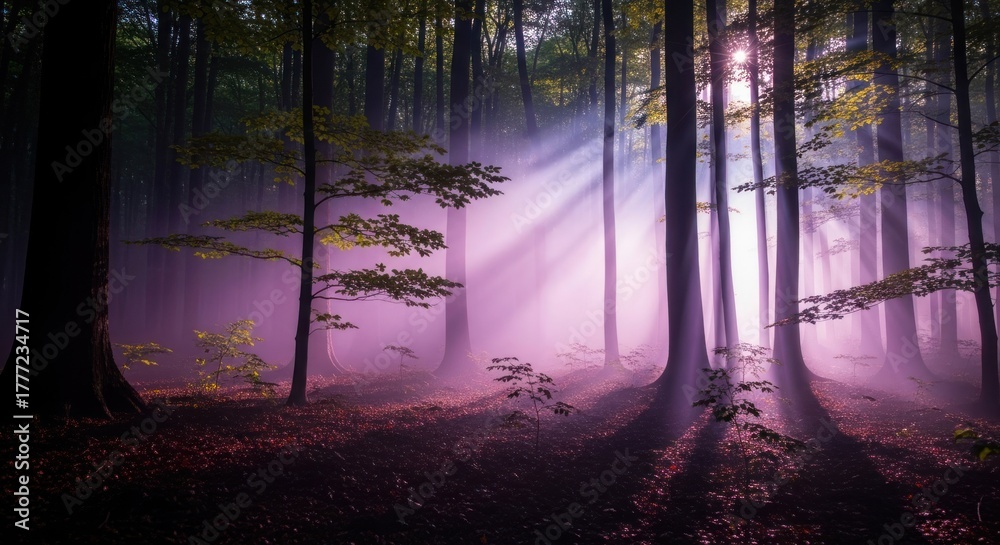 Obraz premium A mystical forest with sunbeams filtering through the trees, creating a dreamy atmosphere.